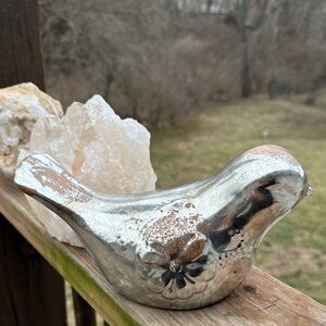 Silver Bird Figurine for garden, decks, home decor. Possibly mercury glass